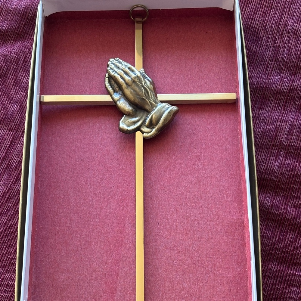 Praying Hands Gold Tone Brass Wall Cross 10" Vintage with box